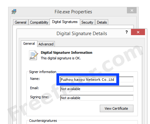 Screenshot of the Fuzhou kaopu Network Co.,Ltd certificate